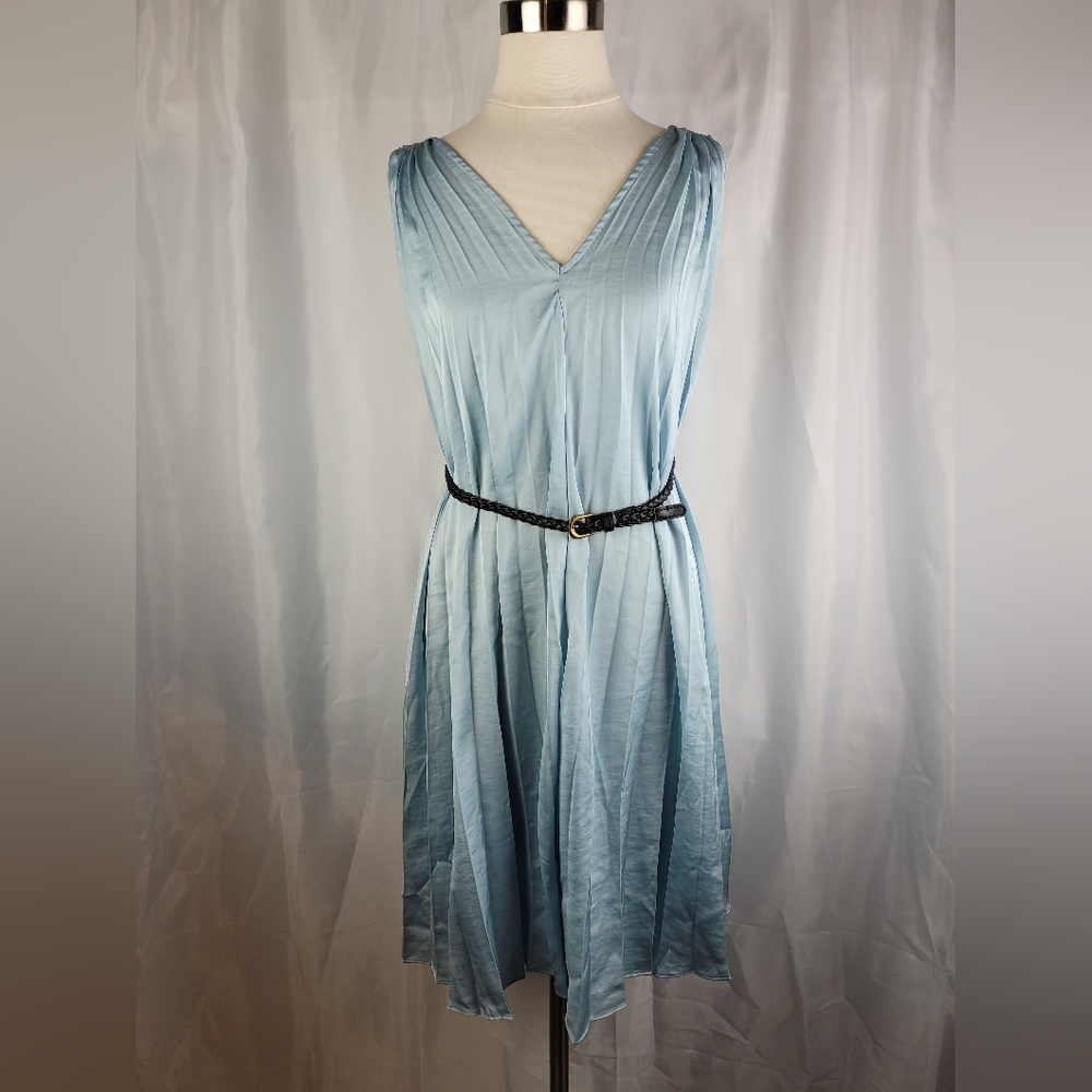 a:glow Maternity Satin Sky Blue Accordion Pleated Flare Sleeveless Dress XS